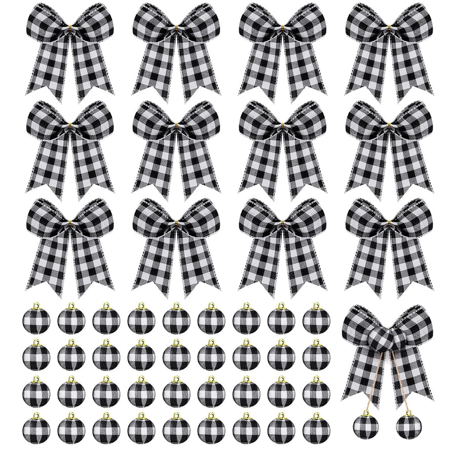 36 Pcs Christmas Buffalo Plaid Ball Ornament Fabric Wrapped Ball 12 Pcs Buffalo Plaid Bow Xmas Tree Hanging Decor Holiday Farmhouse Party Supplies (Black and White Plaid, 5.9 Inch and 1 Inch)