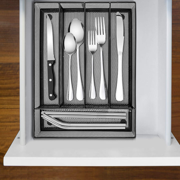 Silverware Drawer Organizer, Mesh Wire Utensil Tray Drawer Organizer for Kitchen, Black Narrow Metal Flatware Cutlery Holder/Divider, 5 Compartment & Small Size - 12.5 x 9.25-Inch