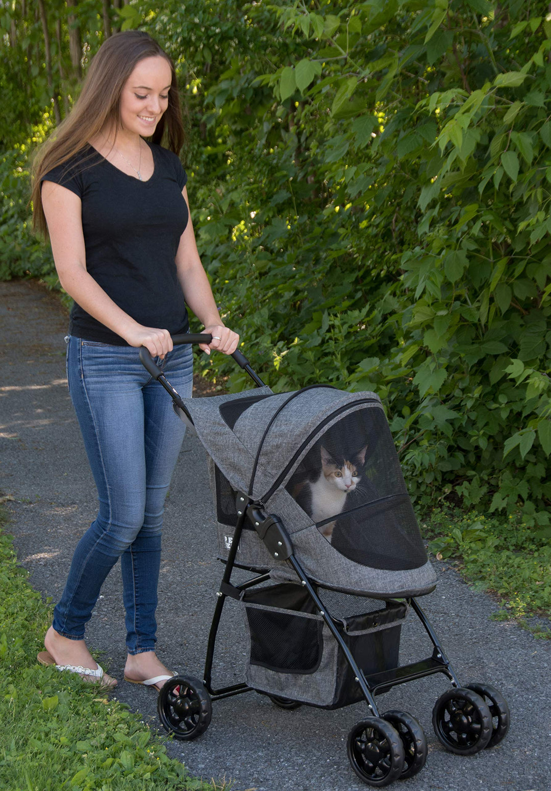 Happy Trails Lite Pet Stroller for Cats/Dogs, Zipper Entry, Easy Fold with Removable Liner, Safety Tether, Storage Basket Classic Grey 2023