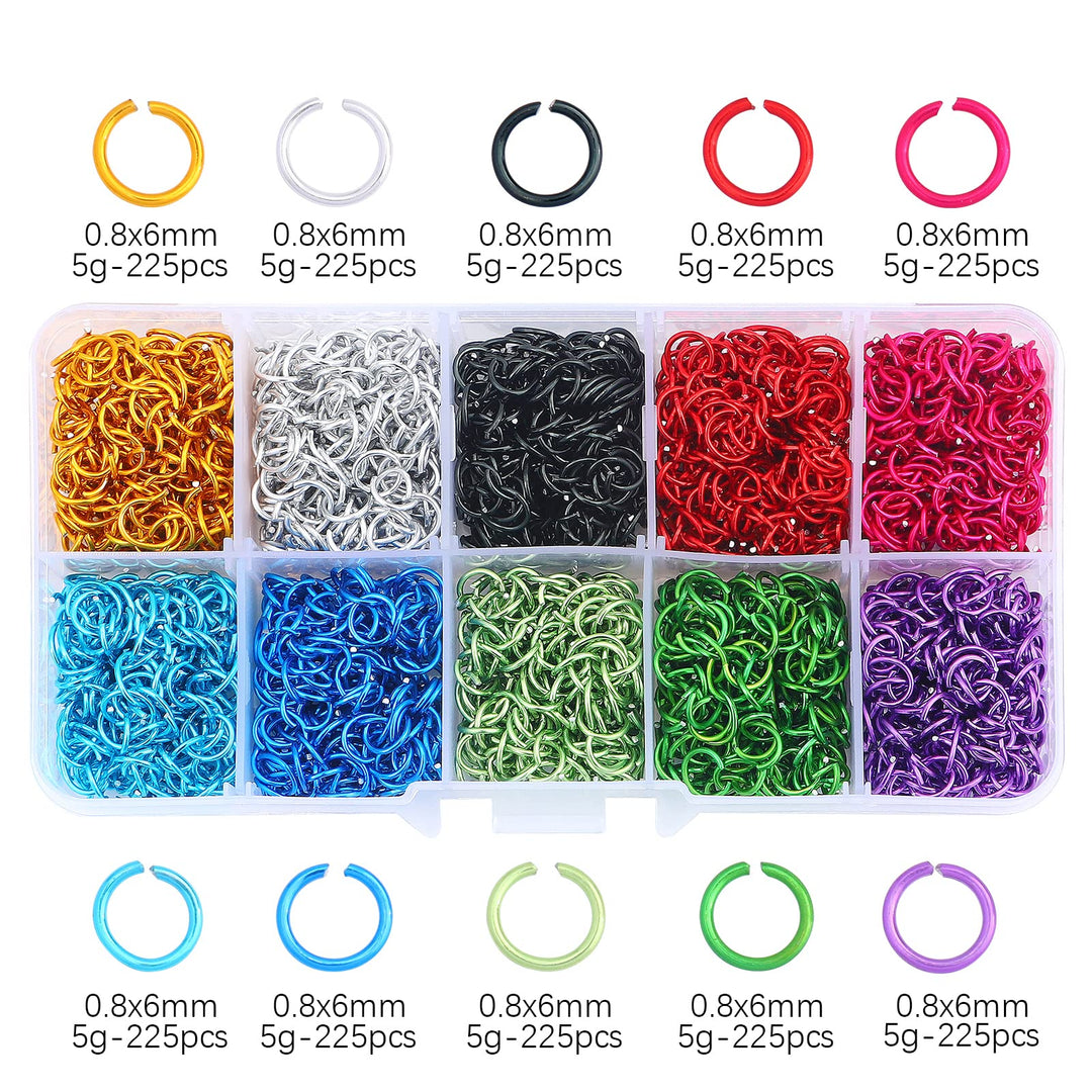 2250pcs Aluminum Jump Rings for Jewelry Making Chainmail Rings 6 mm 24 Gauge Soft Open Jump Rings Boxed Jumprings for DIY Necklaces Earring Bracelet Key Rings Crafts, 10 Colored Jump Rings