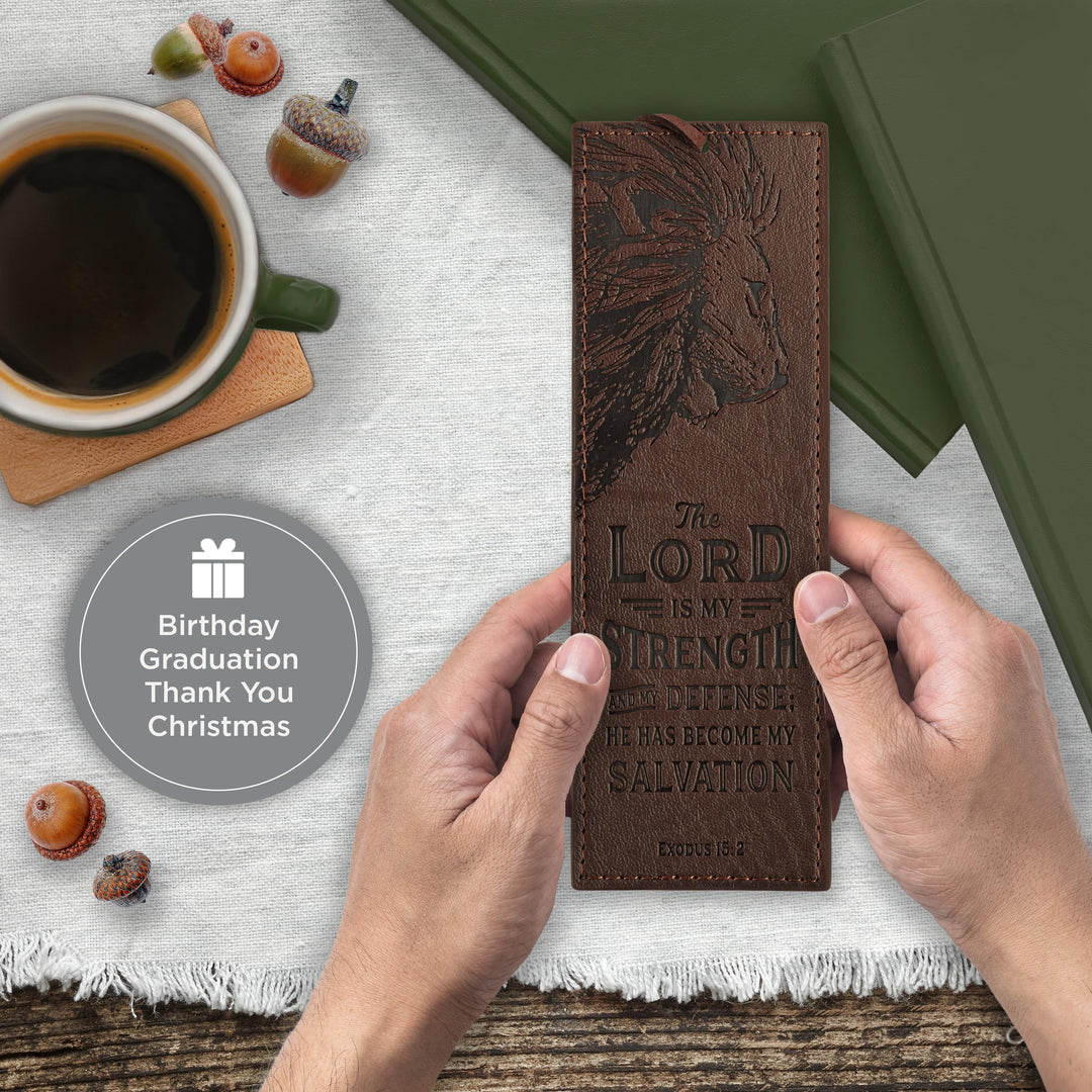Faux Leather Bookmark The Lord is My Strength Exodus 15:2 Bible Verse, Brown