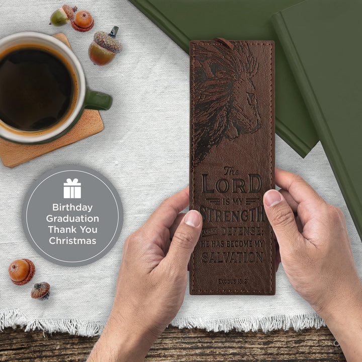 Faux Leather Bookmark The Lord is My Strength Exodus 15:2 Bible Verse, Brown