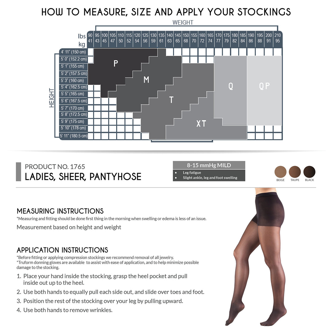 Truform Women's 8-15 mmHg Mild Sheer Compression Pantyhose, Beige, Queen Plus