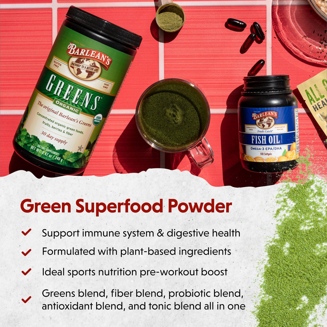 Barlean's Organic Greens Powder, Fruits and Veggies Superfood Supplement with Green Food Protein, Probiotic Blend and Fiber for Athletic Endurance and Daily Health, 8.47 oz