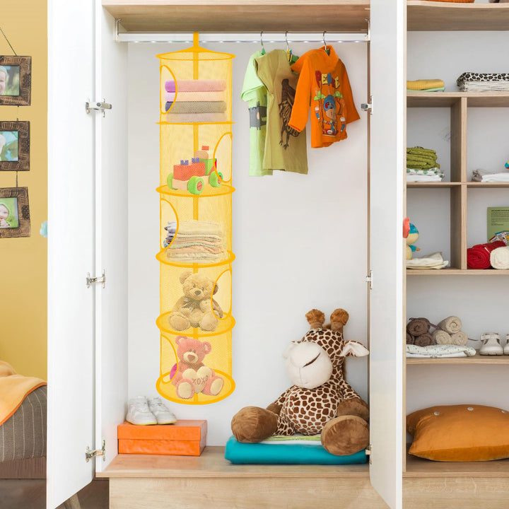 Mesh Hanging Storage Space Saver Bags Organizer,Foldable Storage Organizer 5 Compartments Toy Storage Basket for Kids Room Bathroom 2 Sets Yellow