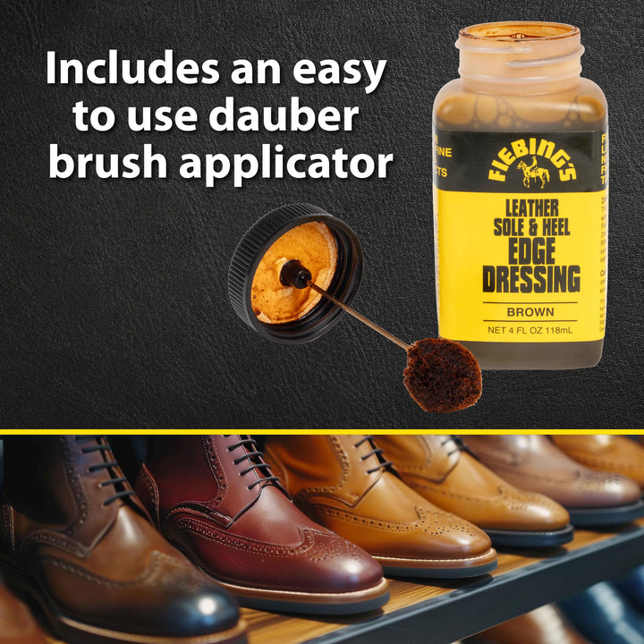 Fiebing's Leather Sole & Heel Brown Edge Dressing (4 oz) - High Gloss Shoe Dressing for Leather Soles and Heels - Provides a Protective, Glossy Finish After a Shoe Shine - Includes Brush Applicator