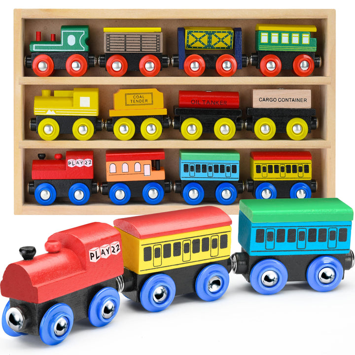 Wooden Train Set 12 PCS - Train Toys Magnetic Set Includes 3 Engines - Toy Train Sets For Kids Toddler Boys And Girls - Compatible With All Major Brands - Original - By