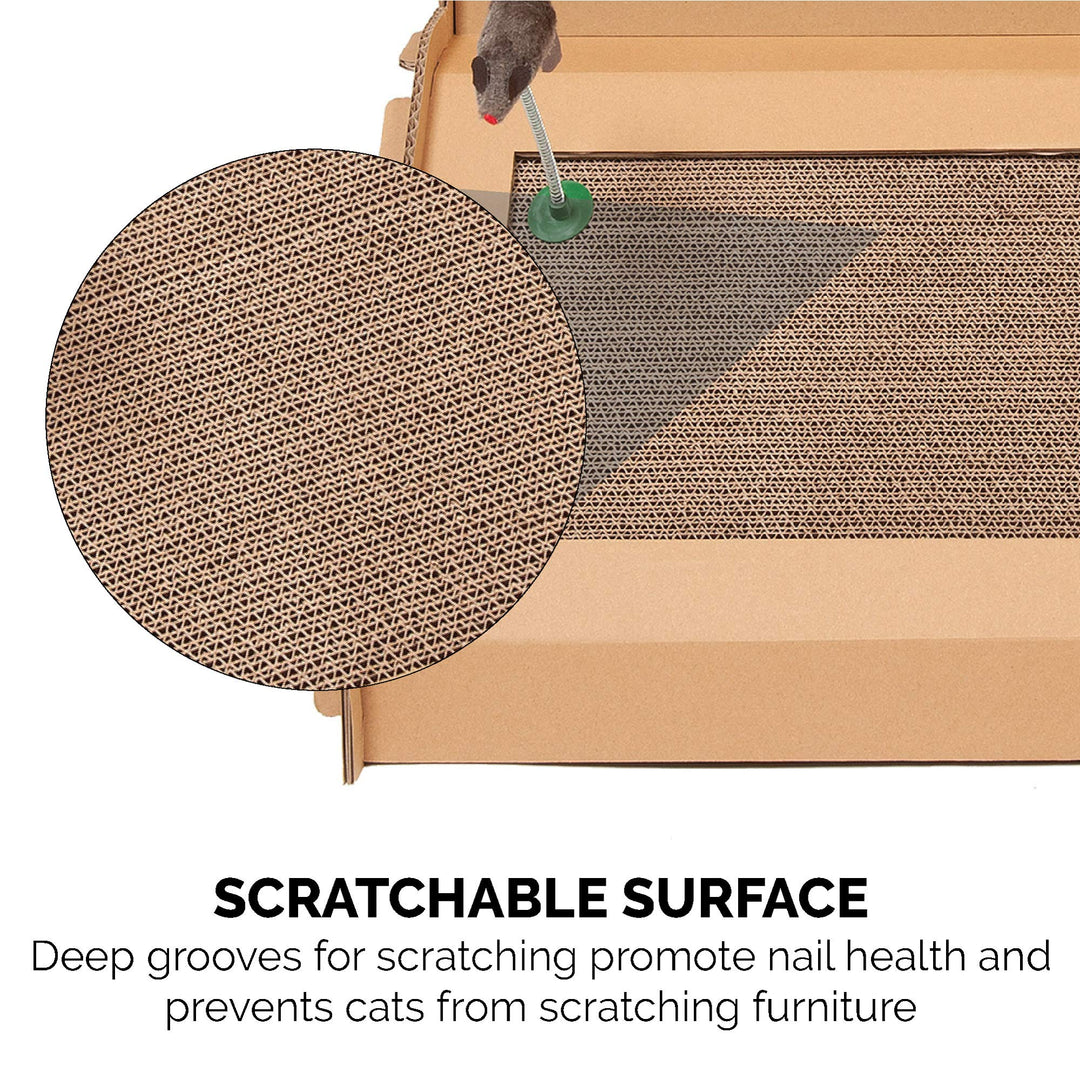 Multi-Level Cardboard Cat House w/ Catnip for Indoor Cats, Ft. Scratching Pads & Toys - Farmhouse Corrugated Cat Scratcher Hideout - Cardboard Brown, One Size