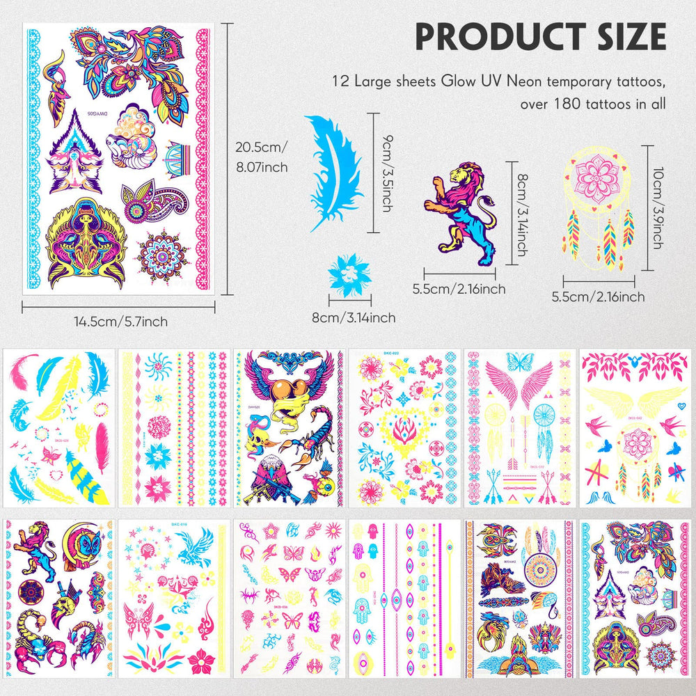 12 Sheets glow in the dark tattoo neon temporary makeup,Rave festival accessory,Fake face butterfly tattoo uv blacklight for women Party Supplies (Harajuku Style)