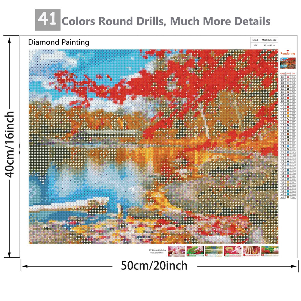 5D Diamond Painting Kits Fall Maple Lakeside 16x20inch Round Full Drill Diamond Art Kits for Adults Lake