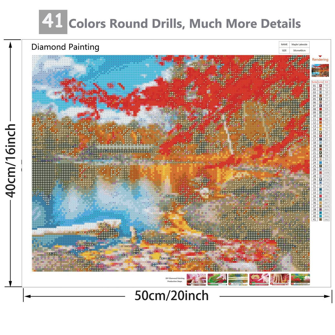 5D Diamond Painting Kits Fall Maple Lakeside 16x20inch Round Full Drill Diamond Art Kits for Adults Lake