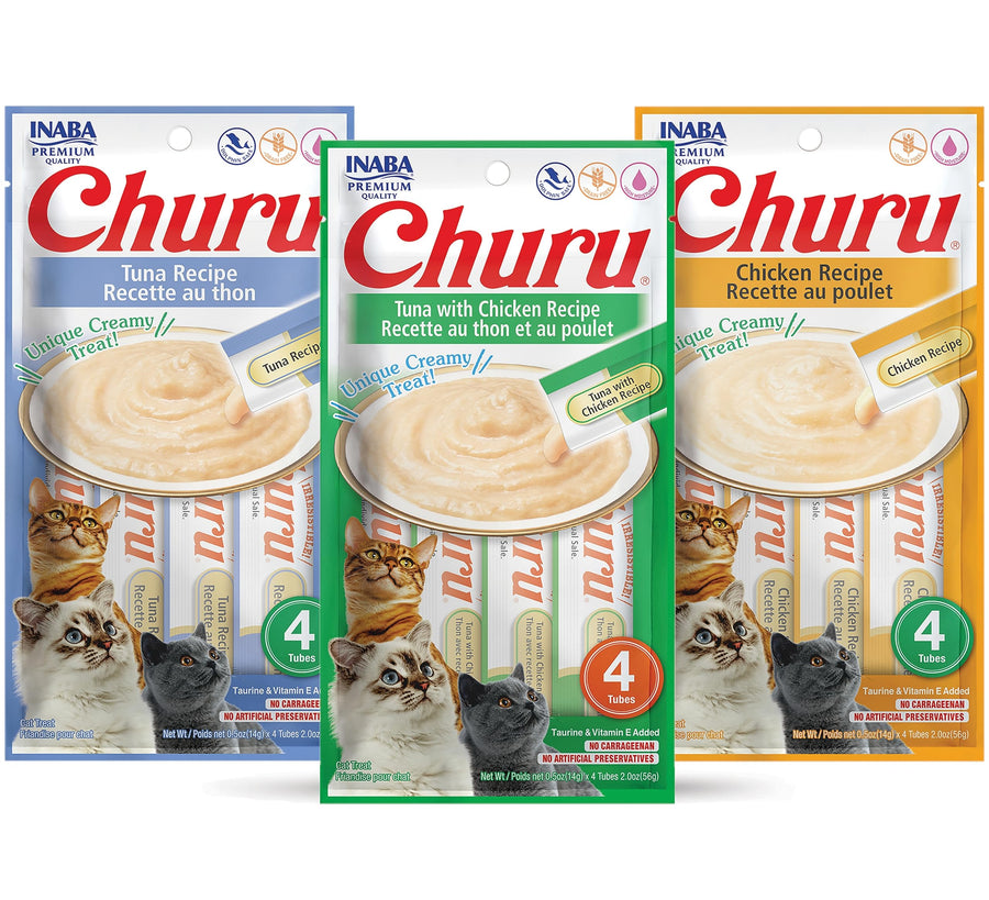 Churu Lickable Purée Natural Cat Treats Tuna & Chicken 3 Flavor Assortment of 12 Tubes