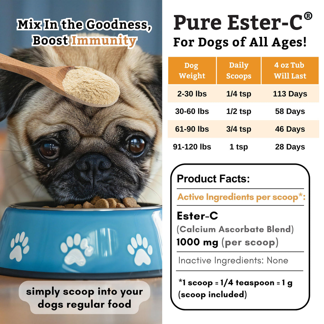 Pure Ester-C Powder for Dogs & Cats - 4 Oz - Vitamin C Supplement for Immune Support, Skin & Coat Health, & Allergy Relief - Dog Vitamin Powder for Itchy Skin & Homemade Food