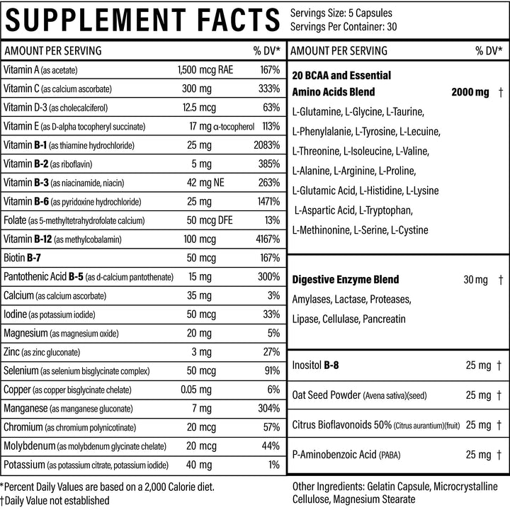Sport Formula Daily Keto Superfood Multivitamin BCAA Amino Acid Powder Capsules for Men and Women. Won't Upset Your Stomach: Natural Vitamin B Energy Complex: Anti Aging Immune System Support
