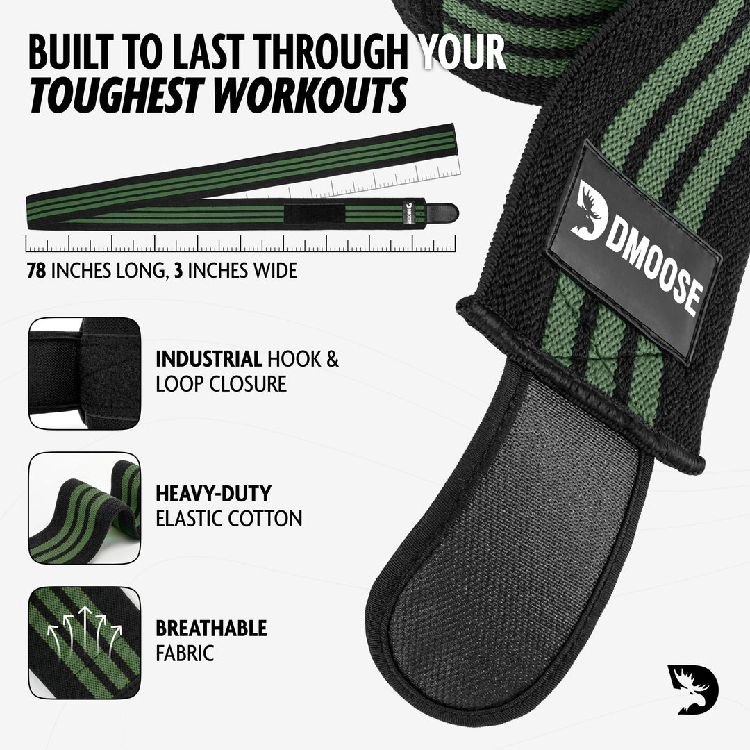 DMoose Compression Knee Brace wraps - Knee Sleeves for Weightlifting & Compression Wraps for legs, Running and Muscle Pain Relief, Joint Protection and Support for knees - Dark Green Stripes (Pair)