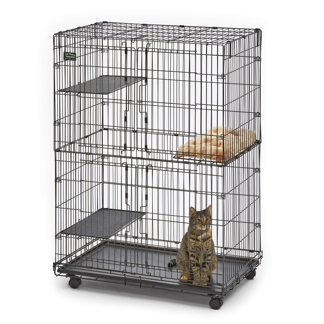 Cat Playpen/Cat Cage Includes 3 Adjustable Resting Platforms, Removable Leak-Proof Pan, Easy 2-Door Top/Bottom Access & 4-Locking Wheel Casters