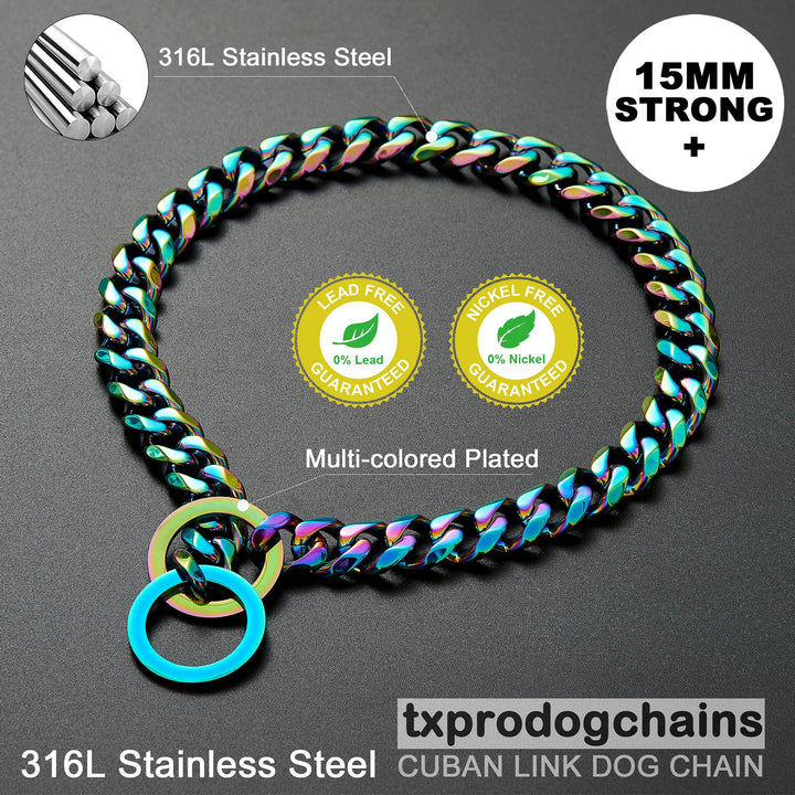 Dog Chain Collars for Dogs Chew Proof Dog Collar, 15mm Thick Color Chain Dog Collar Heavy Duty Stainless Steel Metal Cuban Link Dog Collar for Small Medium Large Dogs