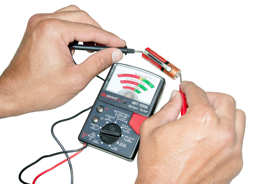 GBT-500A Analog 1.5 V Button Cell/22.5 Photo/AA/AAA/12 V/9 V/Lantern Cells & More, Leads Battery Tester,14 Battery Range, Black