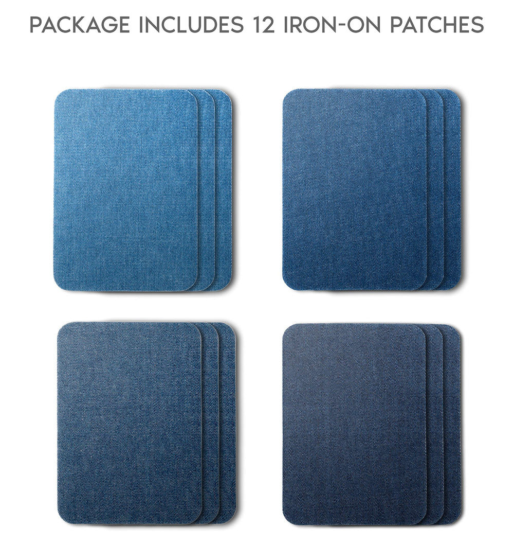 Denim Iron-on Patches Inside & Outside Strongest Glue 100% Cotton Black and White Repair Decorating Kit 12 Pieces Shades of Blue Size 3 by 4-1/4 (7.5 cm x 10.5 cm)