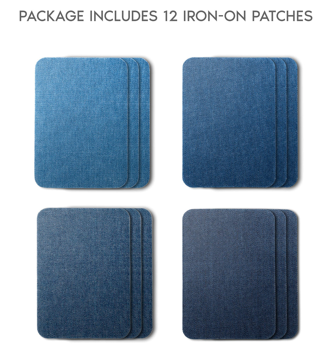 Denim Iron-on Patches Inside & Outside Strongest Glue 100% Cotton Black and White Repair Decorating Kit 12 Pieces Shades of Blue Size 3 by 4-1/4 (7.5 cm x 10.5 cm)