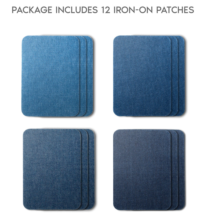 Denim Iron-on Patches Inside & Outside Strongest Glue 100% Cotton Black and White Repair Decorating Kit 12 Pieces Shades of Blue Size 3 by 4-1/4 (7.5 cm x 10.5 cm)