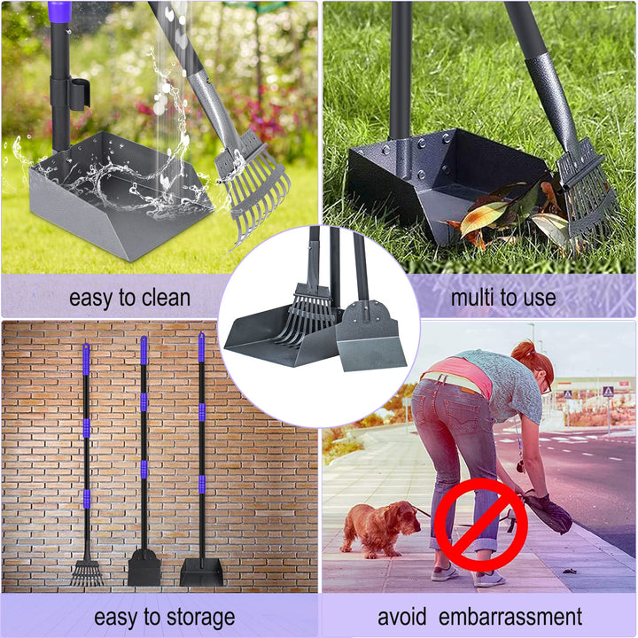 Pooper Scooper for Dogs, Metal Poop Scooper Tray Spade and Rake Set, Poop Scoop with Adjustable Long Handle, Dog Pooper Scooper for Pet Waste Removal