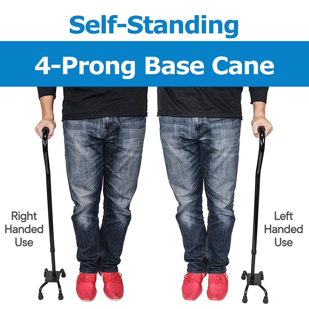 Quad Cane - Adjustable Walking Cane with 4-Pronged Base for Extra Stability - Foam Padded Offset Handle for Soft Grip - Works for Right or Left Handed Men or Women (Black)