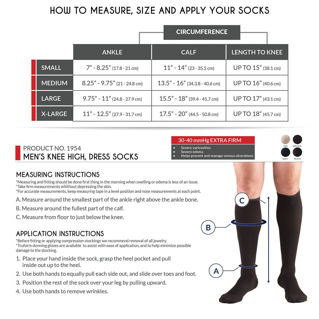 Truform Men's Knee High 30-40 mmHg Compression Dress Socks, Black, X-Large