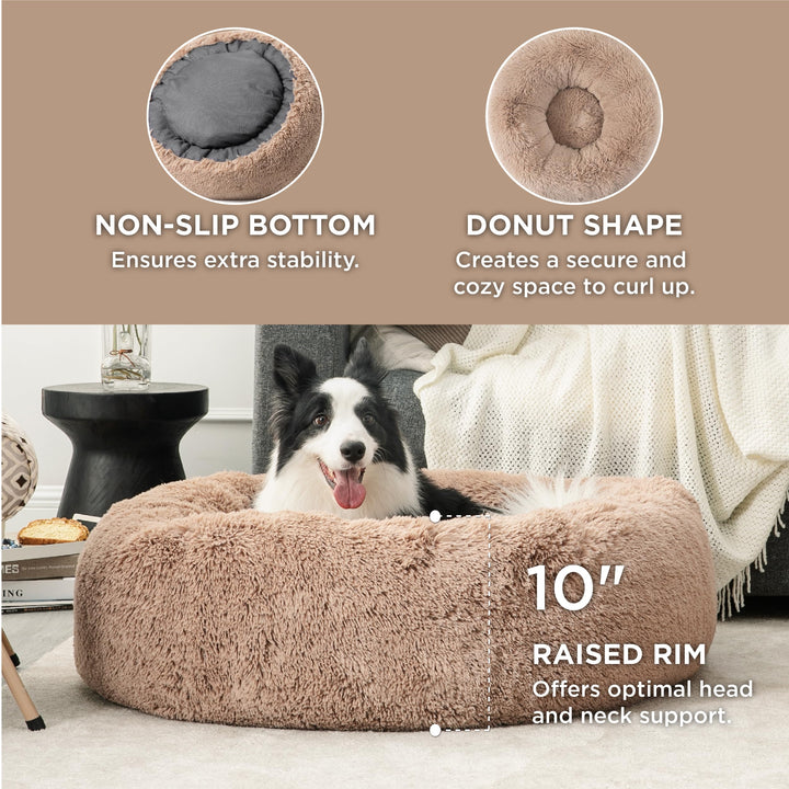 Calming Dog Bed for Large Dogs - Donut Washable Large Pet Bed, 36 inches Anti-Slip Round Fluffy Plush Faux Fur Dog Bed, Fits up to 100 lbs Pets, Camel