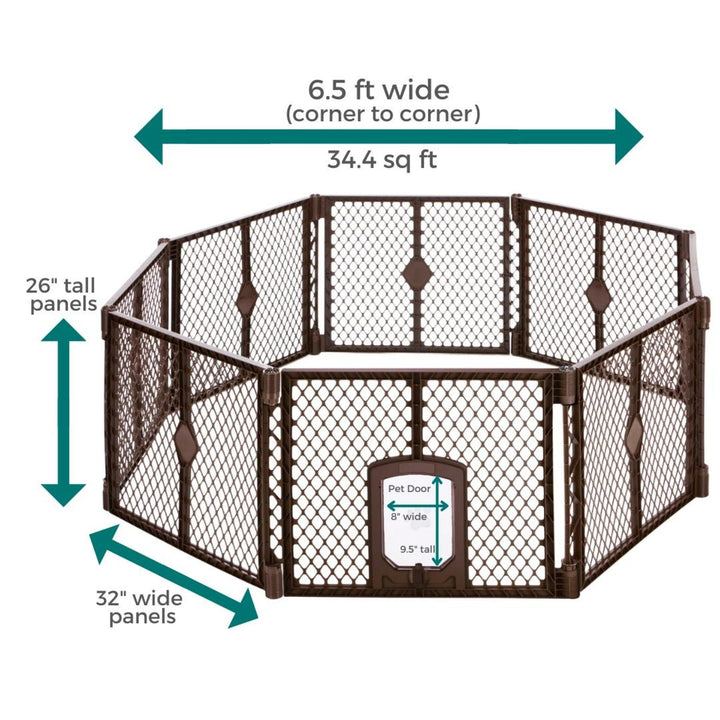 North States MyPet Petyard Passage: 6.5 Ft. Wide Customizable Folding Dog Playpen Indoor/Outdoor. Made in USA. 8-panel Puppy Playpen, Lockable Pet Door. Freestanding Play Pen Dog Gate 26 Tall, Brown