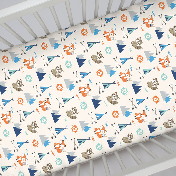 Aztec Mix & Match 100% Cotton Grey/Fox Fitted Crib Sheet, Navy, Orange, Aqua, Ivory