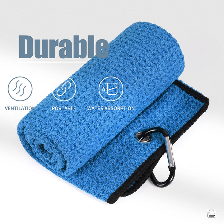 Tri-fold Golf Towel | Premium Microfiber Fabric | Waffle Pattern | with Heavy Duty Carabiner Clip | Golf Towel for Men and Women (BlueGolf Towel)