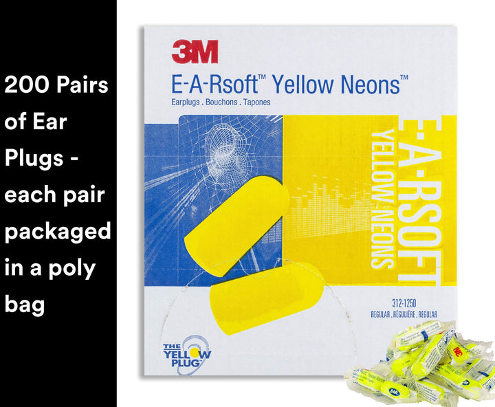Ear Plugs, E-A-Rsoft Yellow Neons 315-1250, 200 Pair of Disposable Earplugs, Pairs Individually Wrapped, Regular Size, Uncorded, 33 NRR, Tapered Cylinder Shape, Slow Recovery Foam