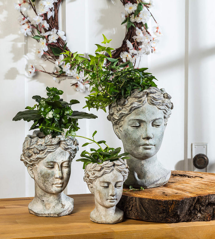 Goddess Head Planter - Extra Small Cement Indoor and Outdoor Planter Pot - Grecian Woman Statue Head Planter for Flowers and Succulents (Grey, 2.75 Opening)