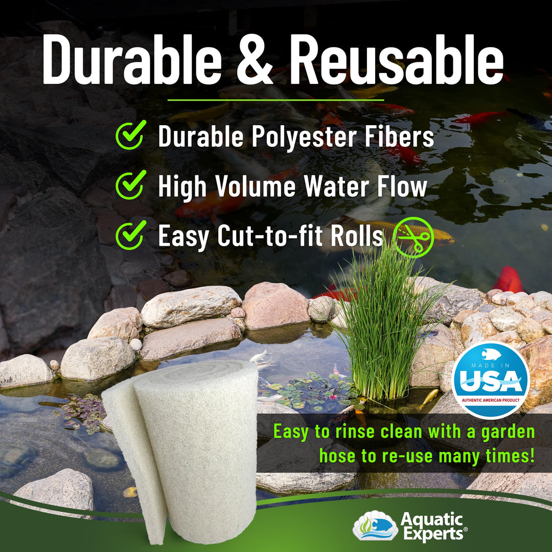 Classic Koi Pond Filter Pad FINE - White Bulk Roll Pond Filter Media, Ultra-Durable Pond Filters for Outdoor Ponds, Reusable Fish Pond Filter Material, USA, (3/4 - 1 x 12 x 72)