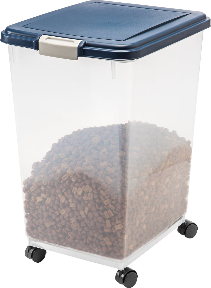 USA Airtight Dog Food Storage Container, Up to 50 lbs, Attachable Wheels, For Dog Cat Bird and Other Pet Food Storage Bin, Keep Fresh, Translucent Body, Easy Mobility, Navy
