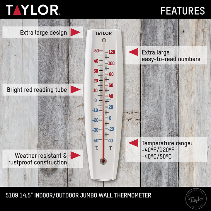 Indoor Outdoor Thermometer - Jumbo Number Wall Thermometer, Wireless Thermometer for Patio, Garden, or Nursery Area, 14.5-inch, White