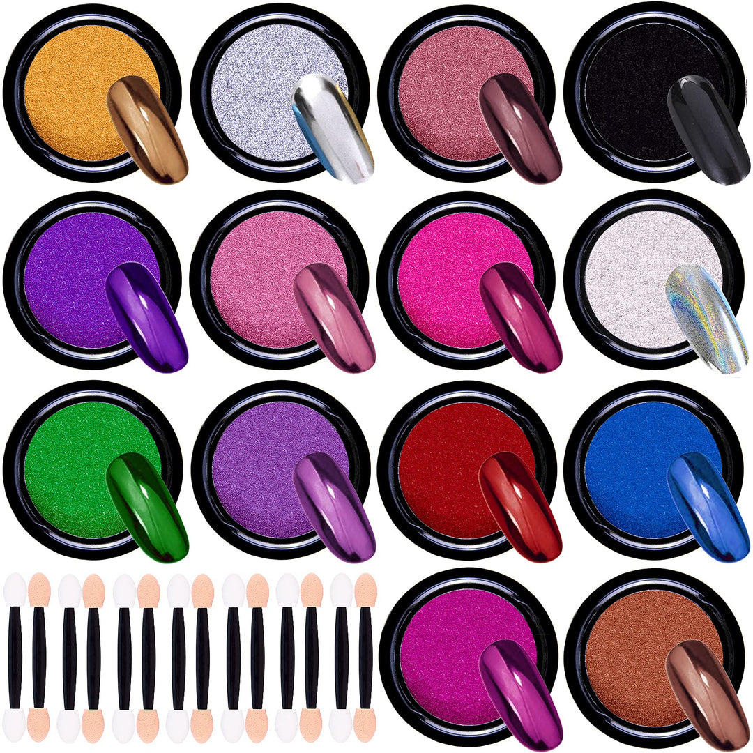 14 Jars Chrome Nail Powder Metallic Nail Art Powder Mirror Effect Manicure Chrome Powder 14 Colors Nail Powders with 14 Pcs Eyeshadow Sticks, 1g/Jar