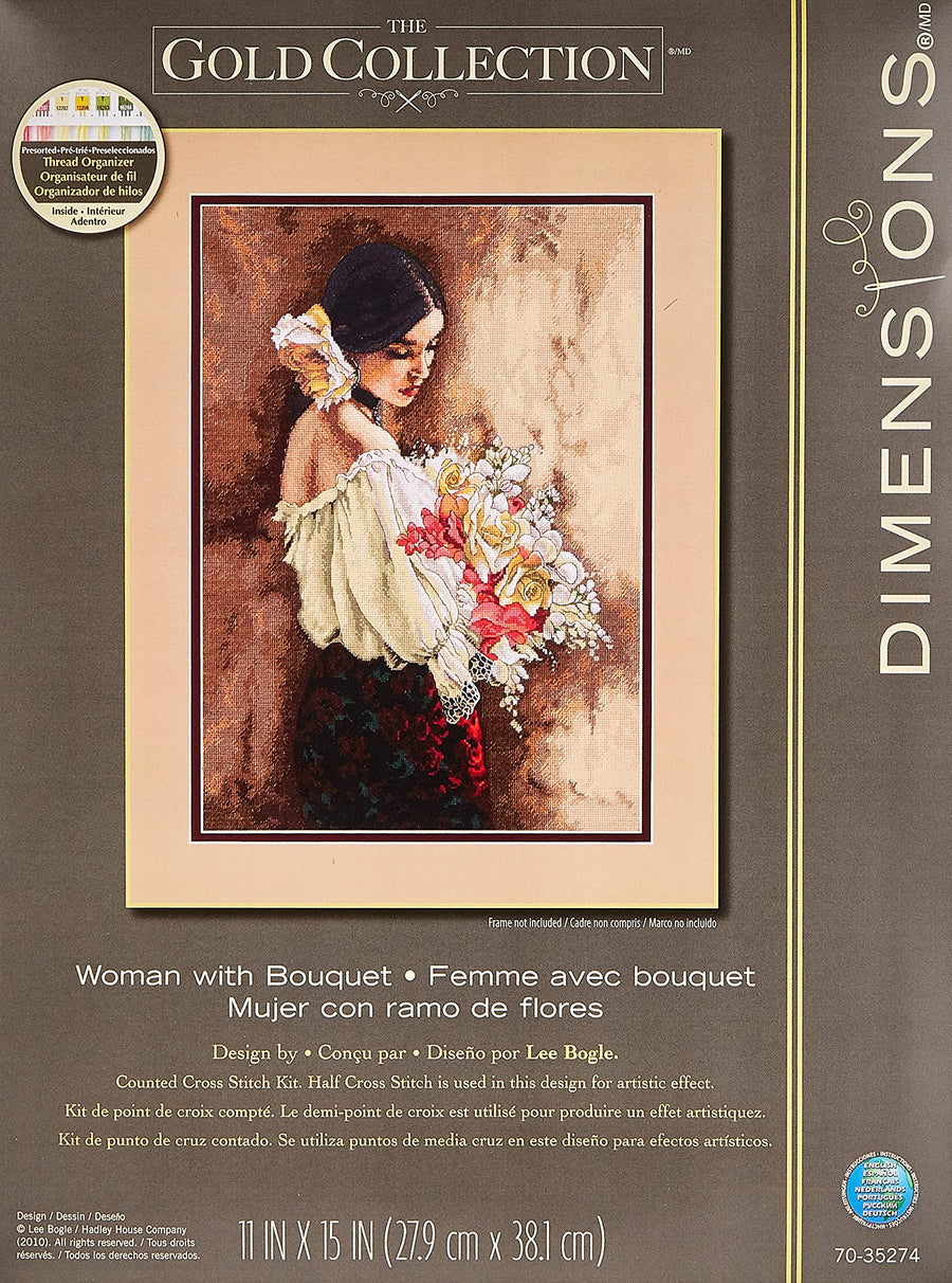 Advanced Counted Cross Stitch Kit, Woman with Bouquet, 18 Count Beige Aida, 11'' x 15''