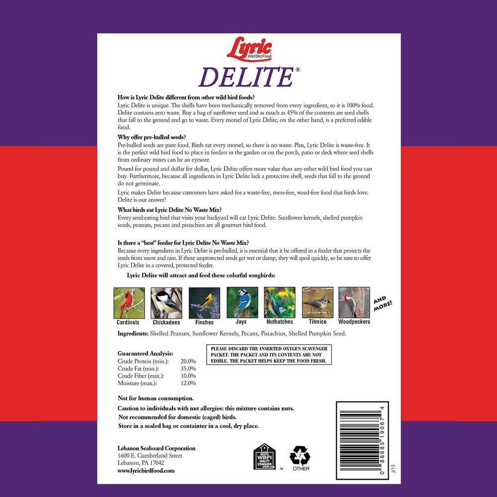 Delite Wild Bird Seed - No Waste Bird Food Mix with Shell-Free Nuts & Seeds - Attracts Buntings, Chickadees & Finches - 5 lb bag