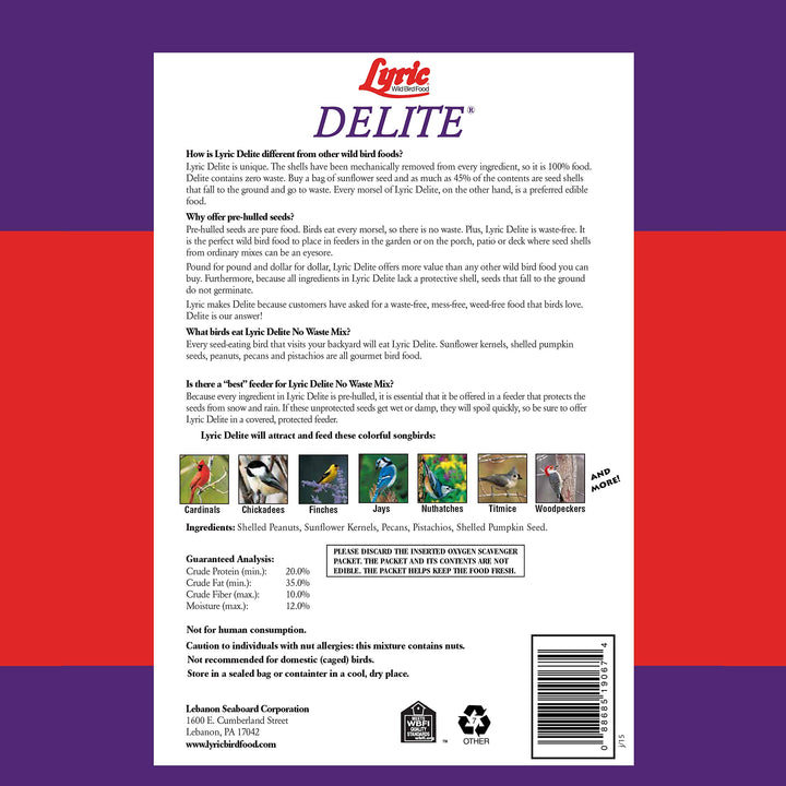 Delite Wild Bird Seed - No Waste Bird Food Mix with Shell-Free Nuts & Seeds - Attracts Buntings, Chickadees & Finches - 5 lb bag