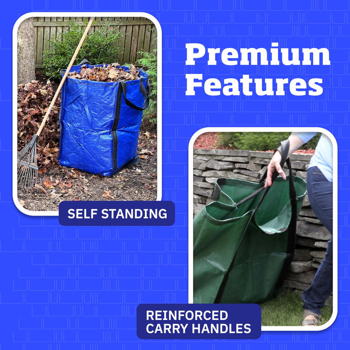 Heavy Duty Home and Yard Waste Bag 48-Gallon Woven Polypropylene, Reusable Lawn and Leaf Garden Bag with Reinforced Carry Handles, Pop-Up Self-Standing Garbage Can, Blue