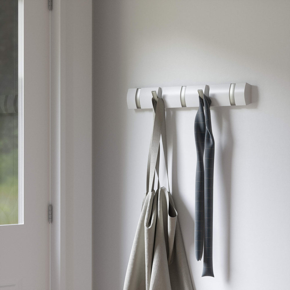 Flip Wall-Mounted Coat Rack Rail Hook for Hats, Jackets, Bags and More – Modern, Space-Saving Storage Organizer for Entryway, Mudroom, Closet, Bathroom, Bedroom, Kids Room, or Nursery, 5 Hooks, White/Nickel