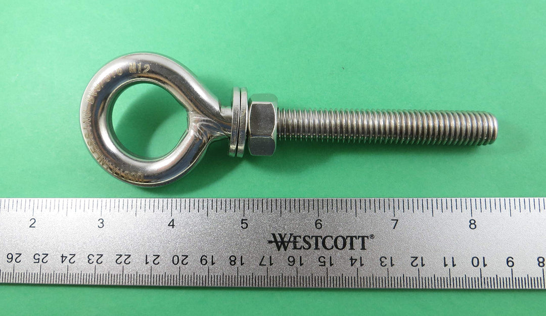 2 Pieces Stainless Steel 316 M12 Eye Bolt 12mm x 80mm (1/2 x 3 3/16) Marine Grade Pitch of 1.75
