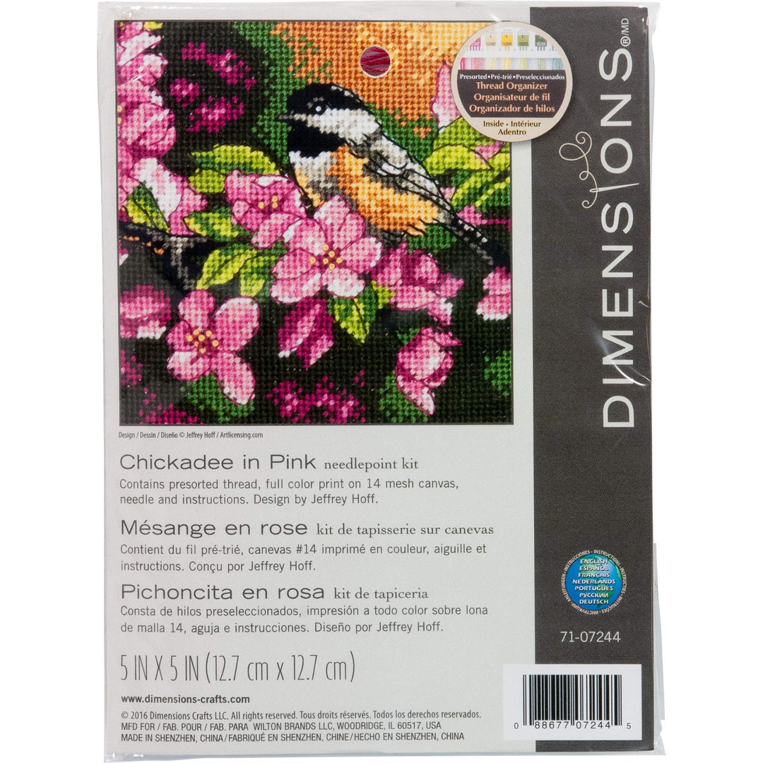'Chickadee In Pink' Mini Needlepoint Kit for Beginners, 14 Mesh Canvas, 5'' x 5''