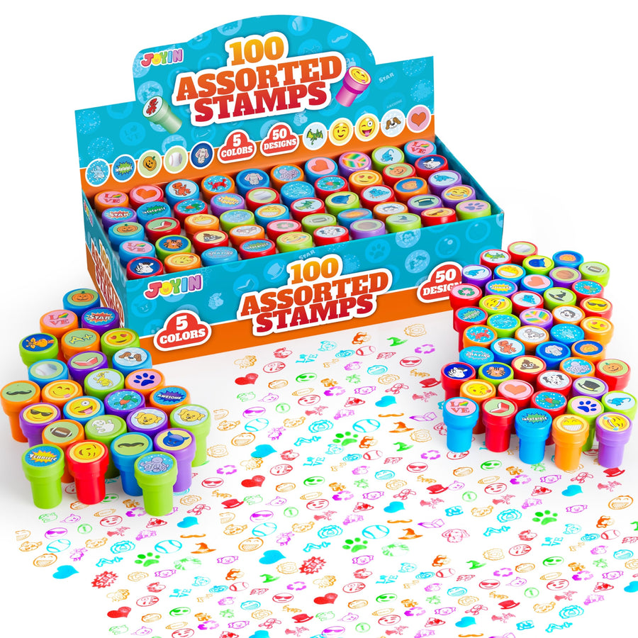 100PCS Assorted Stamps for Kids Self-Ink Stamps for Party Favor, Teacher Stamps, Kids Treasure Box, Prize for Classroom, Easter Egg Stuffers (50 Designs, Dinosaur, Halloween Stampers)