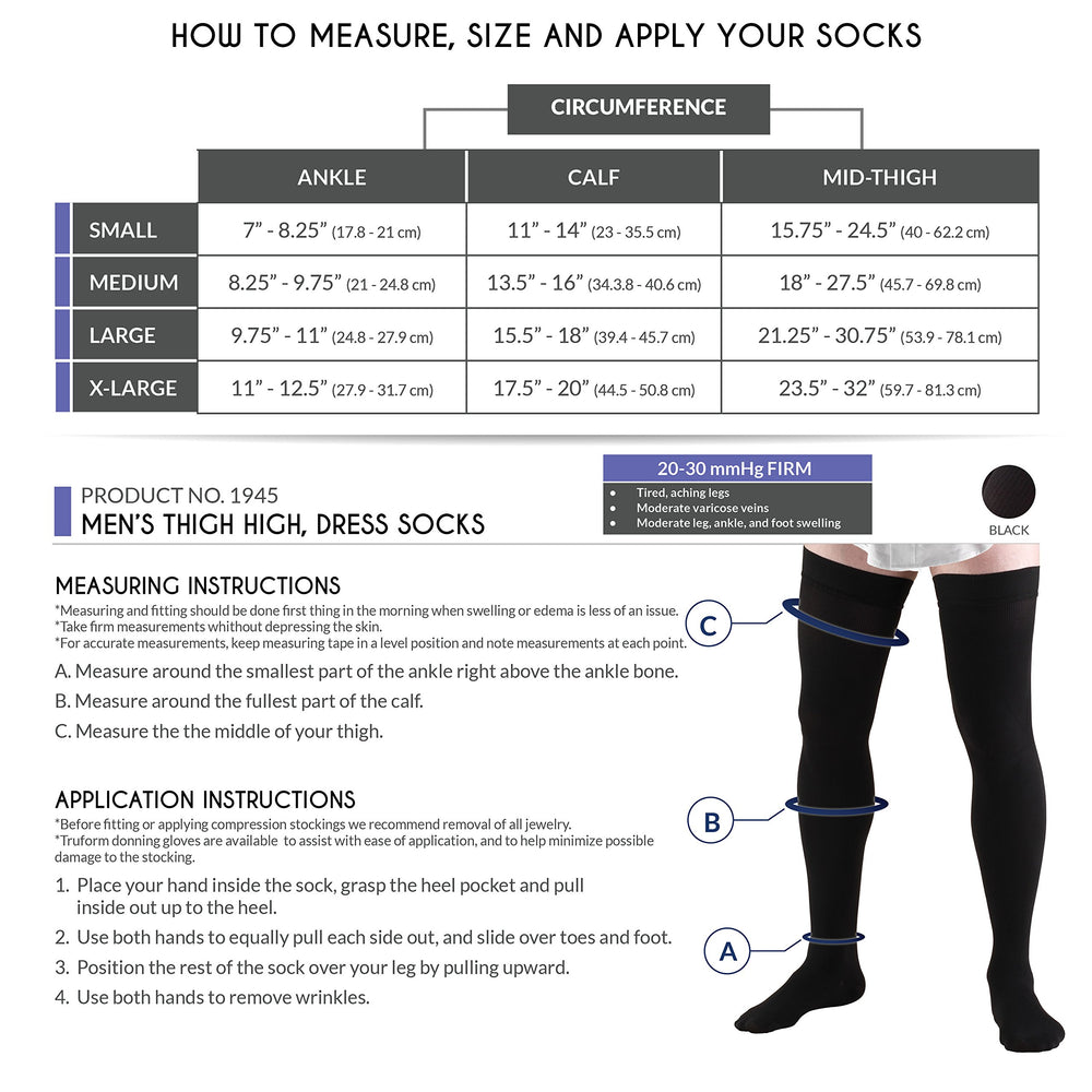 Truform Men's Thigh High 20-30 mmHg Compression Dress Socks, Black, Medium