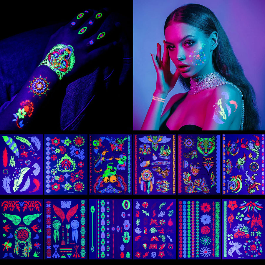 12 Sheets glow in the dark tattoo neon temporary makeup,Rave festival accessory,Fake face butterfly tattoo uv blacklight for women Party Supplies (Harajuku Style)