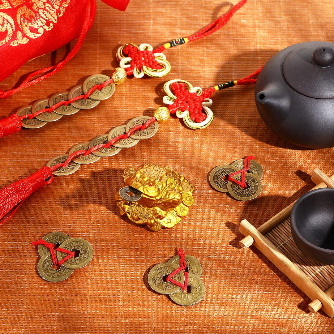 Feng Shui Money Frog with Chinese Coins Lucky Knots Red Blessing Bag Gold Three Legged Toad Decoration for Attracting Wealth Success Chinese New Year Gifts