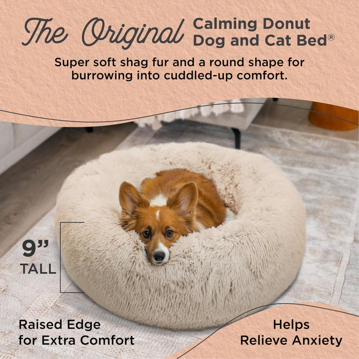 The Original Calming Donut Dog and Cat Bed in Shag Fur, Taupe, Medium, 30x30